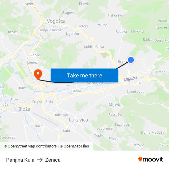 Panjina Kula to Zenica map