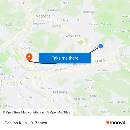 Panjina Kula to Zenica map