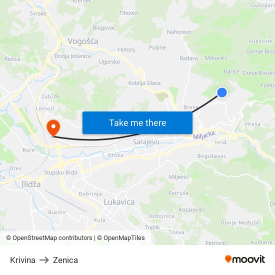 Krivina to Zenica map