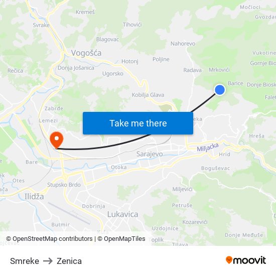 Smreke to Zenica map