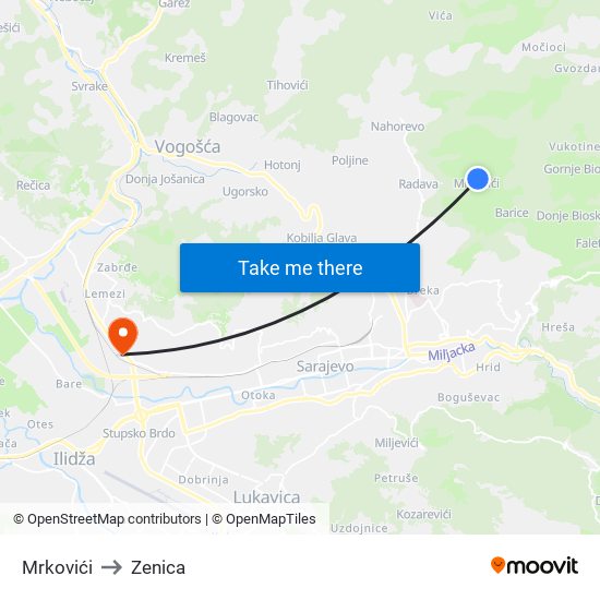 Mrkovići to Zenica map