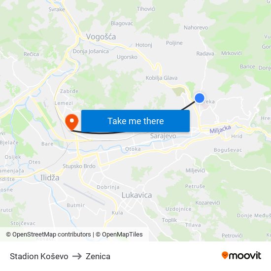 Stadion Koševo to Zenica map
