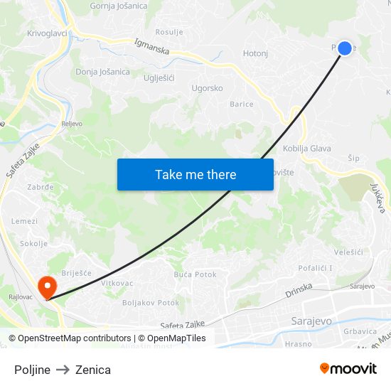 Poljine to Zenica map
