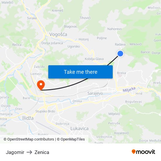 Jagomir to Zenica map