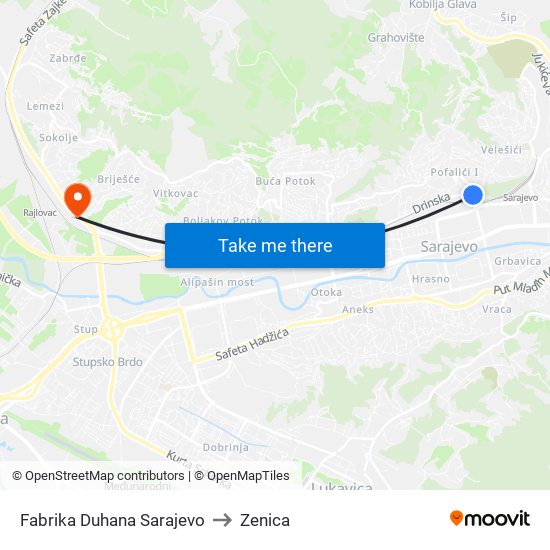 Fabrika Duhana Sarajevo to Zenica map