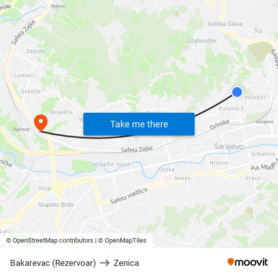 Bakarevac (Rezervoar) to Zenica map