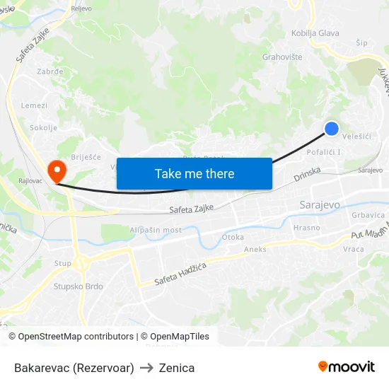Bakarevac (Rezervoar) to Zenica map