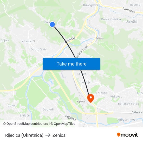 Riječica (Okretnica) to Zenica map