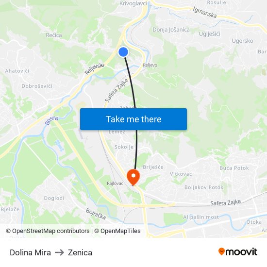 Dolina Mira to Zenica map