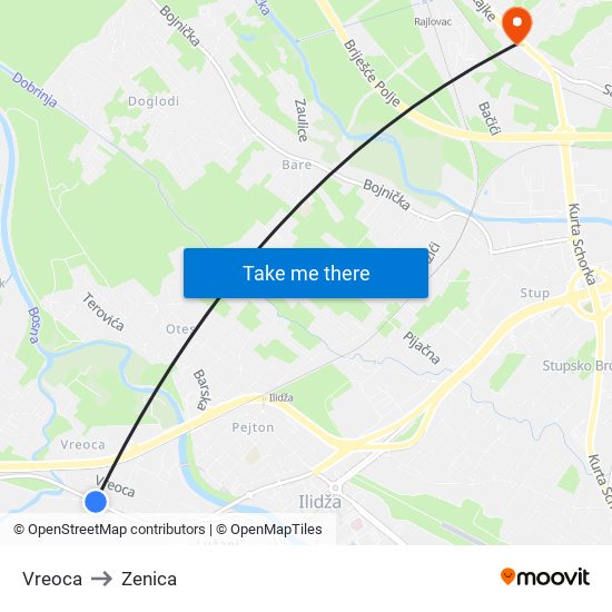 Vreoca to Zenica map