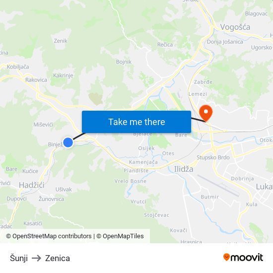 Šunji to Zenica map