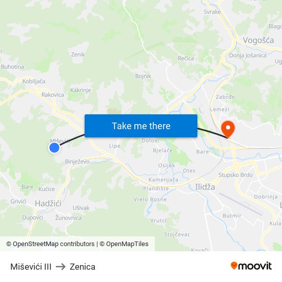 Miševići III to Zenica map