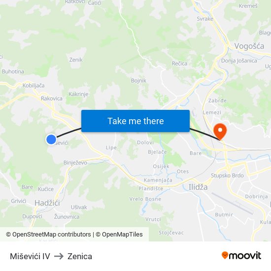 Miševići IV to Zenica map