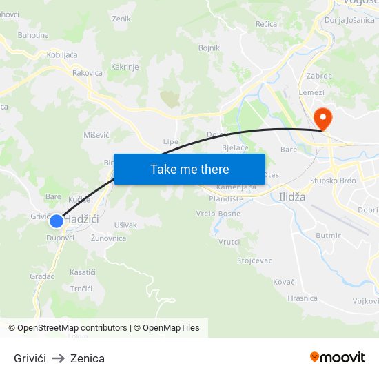 Grivići to Zenica map