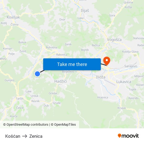 Košćan to Zenica map