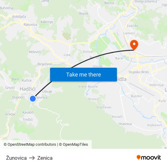 Žunovica to Zenica map