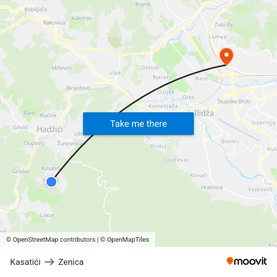 Kasatići to Zenica map