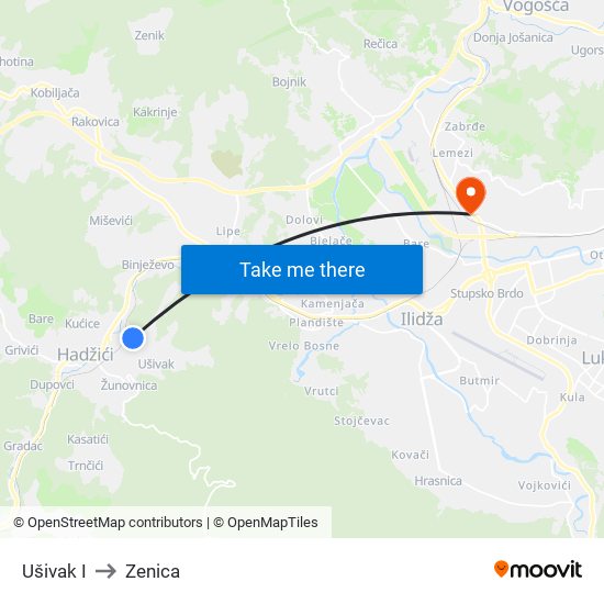 Ušivak I to Zenica map