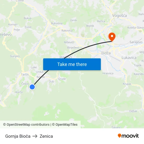 Gornja Bioča to Zenica map