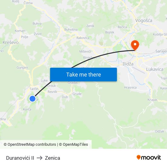 Duranovići II to Zenica map