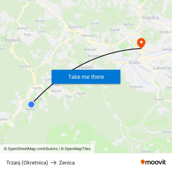 Trzanj (Okretnica) to Zenica map