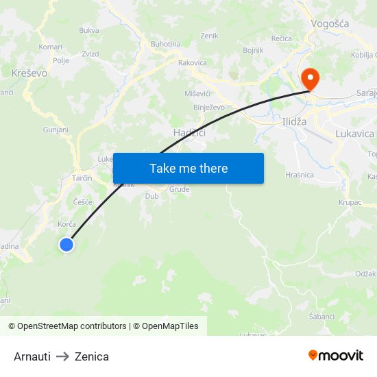 Arnauti to Zenica map