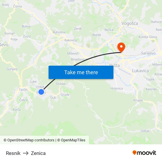 Resnik to Zenica map