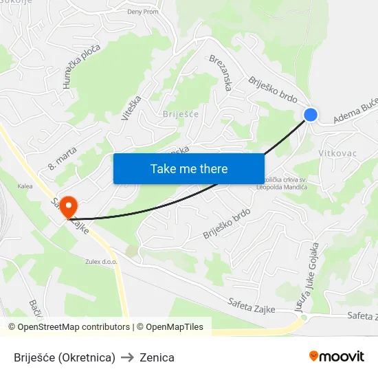 Briješće (Okretnica) to Zenica map