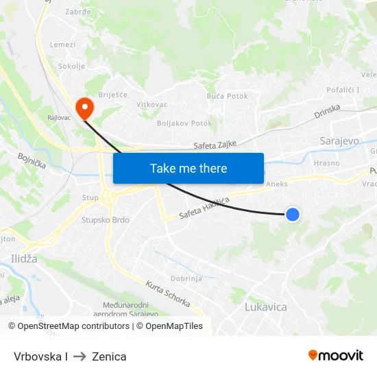 Vrbovska I to Zenica map