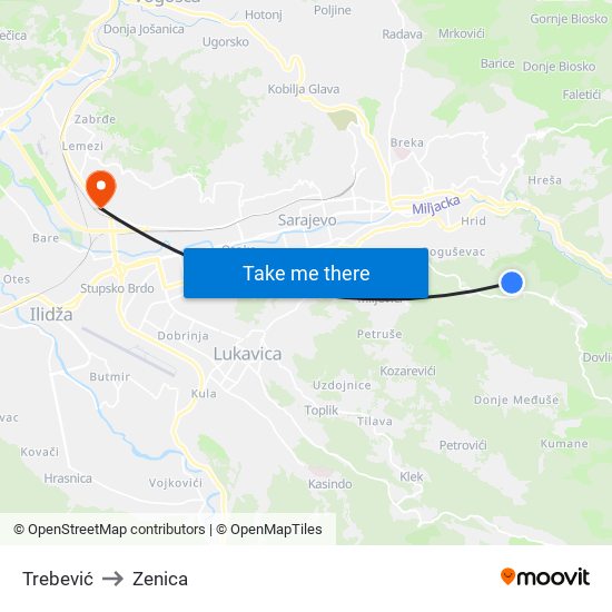 Trebević to Zenica map