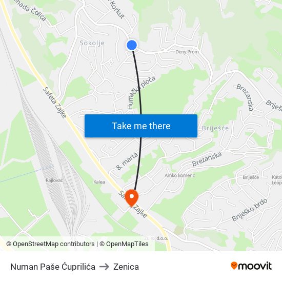 Numan Paše Ćuprilića to Zenica map