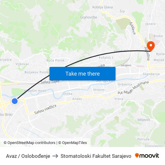 Avaz / Oslobođenje to Stomatoloski Fakultet Sarajevo map
