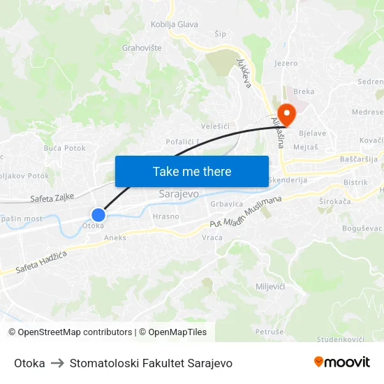 Otoka to Stomatoloski Fakultet Sarajevo map