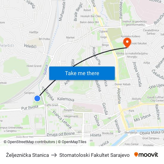 Željeznička Stanica to Stomatoloski Fakultet Sarajevo map