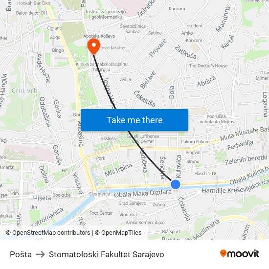 Pošta to Stomatoloski Fakultet Sarajevo map