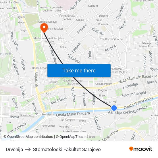Drvenija to Stomatoloski Fakultet Sarajevo map