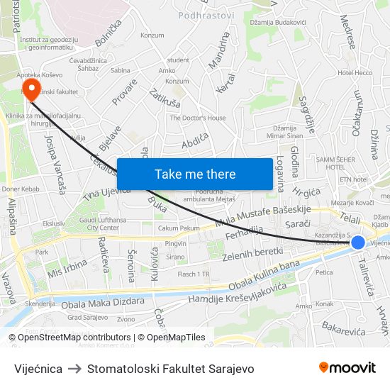 Vijećnica to Stomatoloski Fakultet Sarajevo map