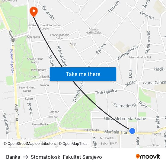 Banka to Stomatoloski Fakultet Sarajevo map