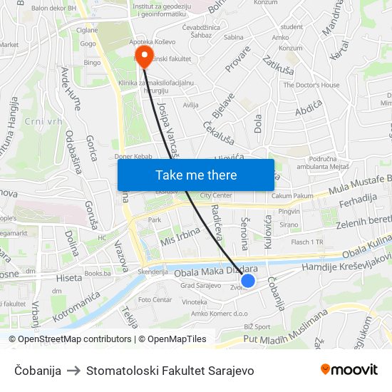 Čobanija to Stomatoloski Fakultet Sarajevo map