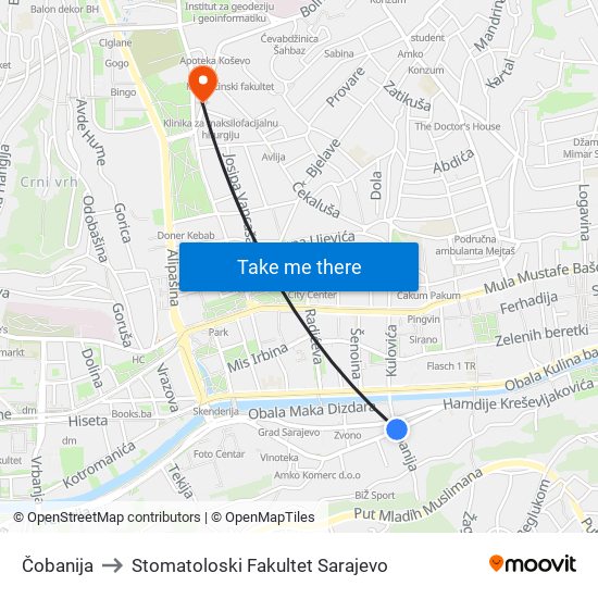 Čobanija to Stomatoloski Fakultet Sarajevo map