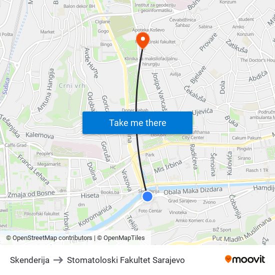 Skenderija to Stomatoloski Fakultet Sarajevo map