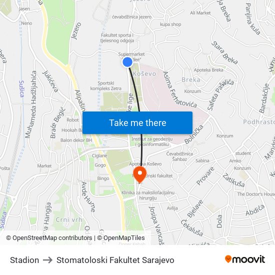 Stadion to Stomatoloski Fakultet Sarajevo map