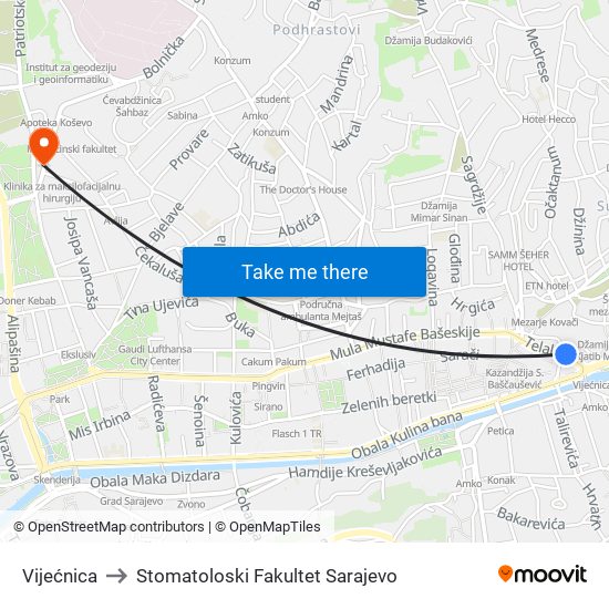 Vijećnica to Stomatoloski Fakultet Sarajevo map