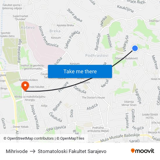 Mihrivode to Stomatoloski Fakultet Sarajevo map