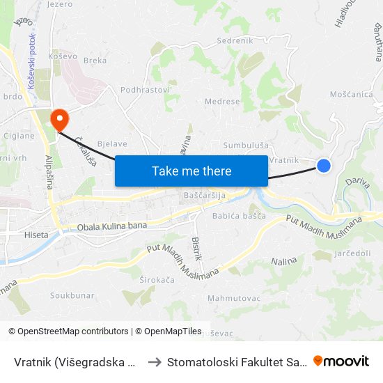 Vratnik (Višegradska Kapija) to Stomatoloski Fakultet Sarajevo map