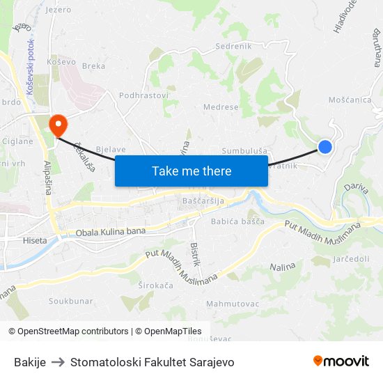 Bakije to Stomatoloski Fakultet Sarajevo map