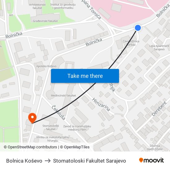 Bolnica Koševo to Stomatoloski Fakultet Sarajevo map