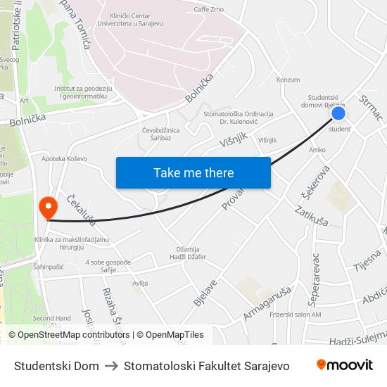 Studentski Dom to Stomatoloski Fakultet Sarajevo map