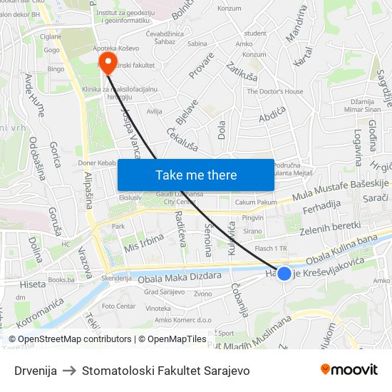 Drvenija to Stomatoloski Fakultet Sarajevo map