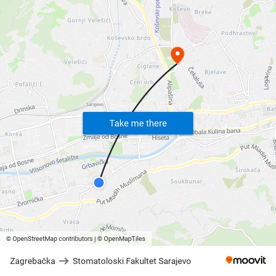 Zagrebačka to Stomatoloski Fakultet Sarajevo map